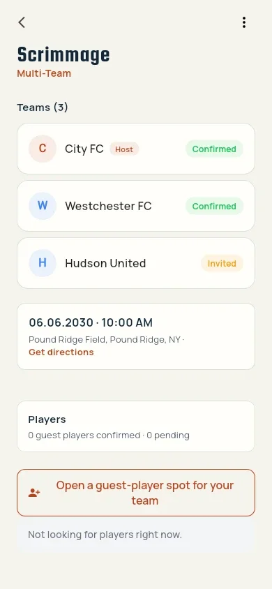 Scrimmage Seeker app showing a multi-team scrimmage with three teams and their confirmation status
